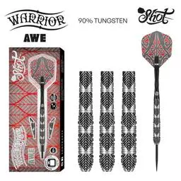 Click here to learn more about the Shot! Darts Warrior Awe Steel Tip Dart Set-90% Tungsten Barrels 23 Grams.