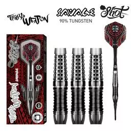 Click here to learn more about the Shot! Darts TRIBAL WEAPON SAVAGE SOFT TIP DART SET - 90% TUNGSTEN BARRELS.