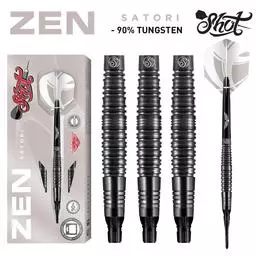 Click here to learn more about the Shot! Darts ZEN SATORI SOFT TIP DART SET - 90% TUNGSTEN BARRELS.